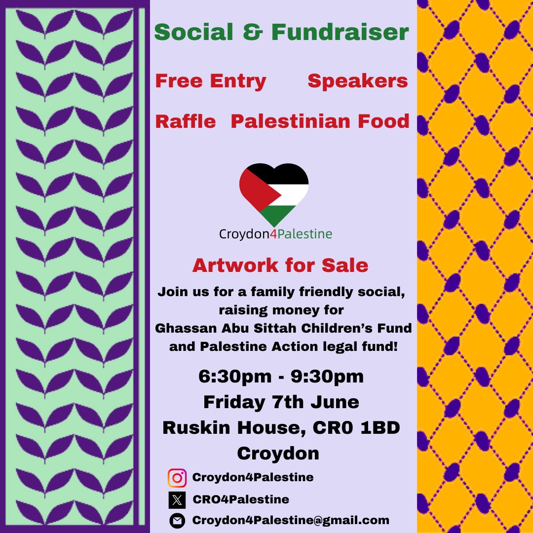 We invite you all to join us for an evening of community, socialising and Fundraising. Money raised will go to Ghassan Abu Sittah Children’s Fund as well as @Pal_action legal fund. 📆Friday 7th June ⏰6.30pm-9.30pm 📌Cedar Hall, Ruskin House, 23 Coombe Road, Croydon, CR0 1BD