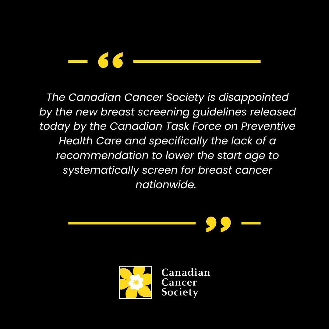 The new national breast screening guidelines miss the mark.  

We encourage everyone to share feedback in public consultation.

Learn more: cancer.ca/en/about-us/me…