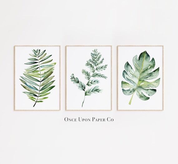 #Handmade ift.tt/2dITO0a Tropical Leaf Set of 3 Watercolor Green Leaves, Modern Nature Gallery Wall Set, Jungle Foliage Painting, Tropical Vibe Garden Room Decor by OnceuponpaperCo