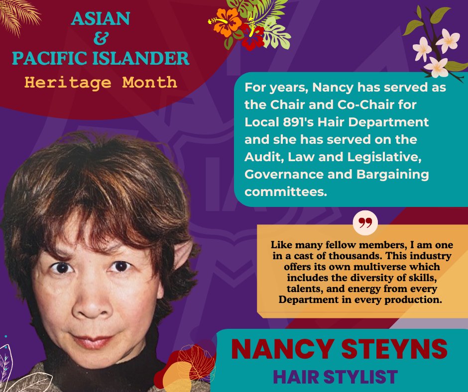 Meet our final #APIHeritageMonth spotlight, @IATSE891  member Nancy Steyns. Nancy has been an IA member since 1996 and since joining IATSE, she has attended steward trainings and parliamentary procedure workshops, just to name a few. Nancy is a leader within her Local and an