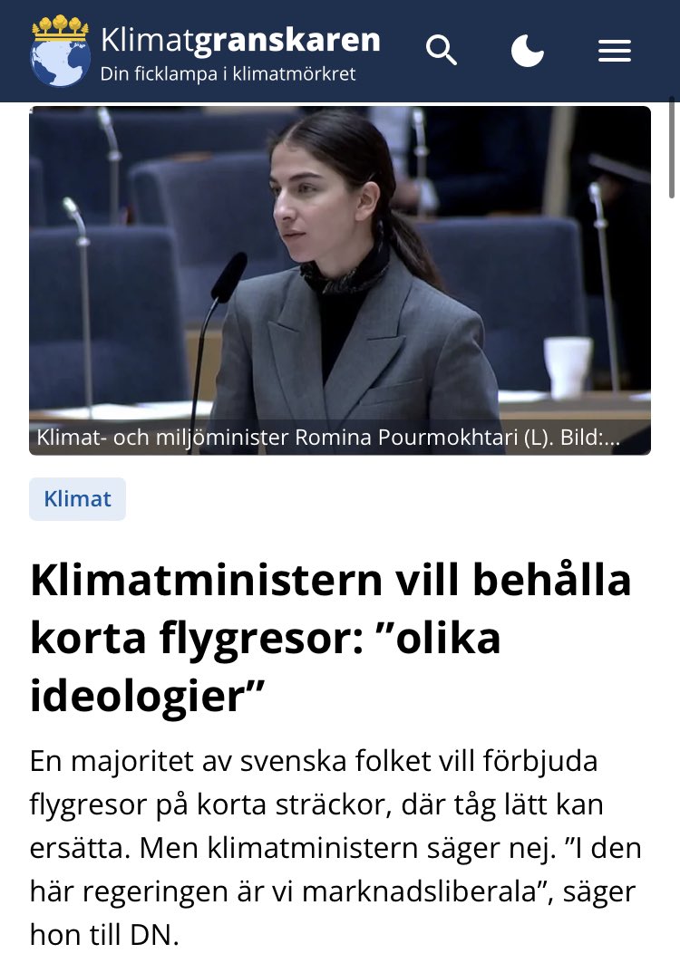 Klimatminister Romina Pourmokhtari (L) är negativ till att införa ett förbud mot korta flygresor, där tåg kan ersätta. ”I den här regeringen är vi marknadsliberala”.