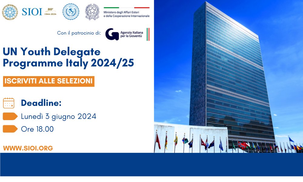 SIOItweet's tweet photo. Vuoi essere tra i protagonisti della prossima Assemblea Generale ONU? La SIOI ti offre una grande opportunità❗️
🇺🇳 #UNYDP Italy 2024/25 🇮🇹 in collaborazione con @ItalyMFA
e con il patrocinio di @AgenziaGioventu
⏳️Hai ancora tempo per candidarti 👉🏼
https://t.co/TxkjJiQsb9 https://t.co/g3sQ8YYtEC