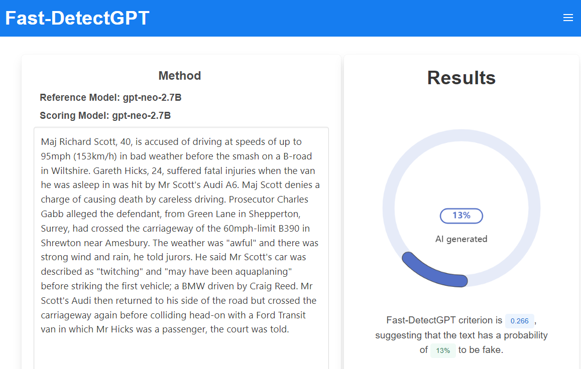 Exciting news! 🎉 Our online demo for Fast-DetectGPT is now live! 🚀 Experience lightning-fast text detection in action. Give it a try here: [region-9.autodl.pro:21504] Let us know what you think! #FastDetectGPT #AI #TextDetection.