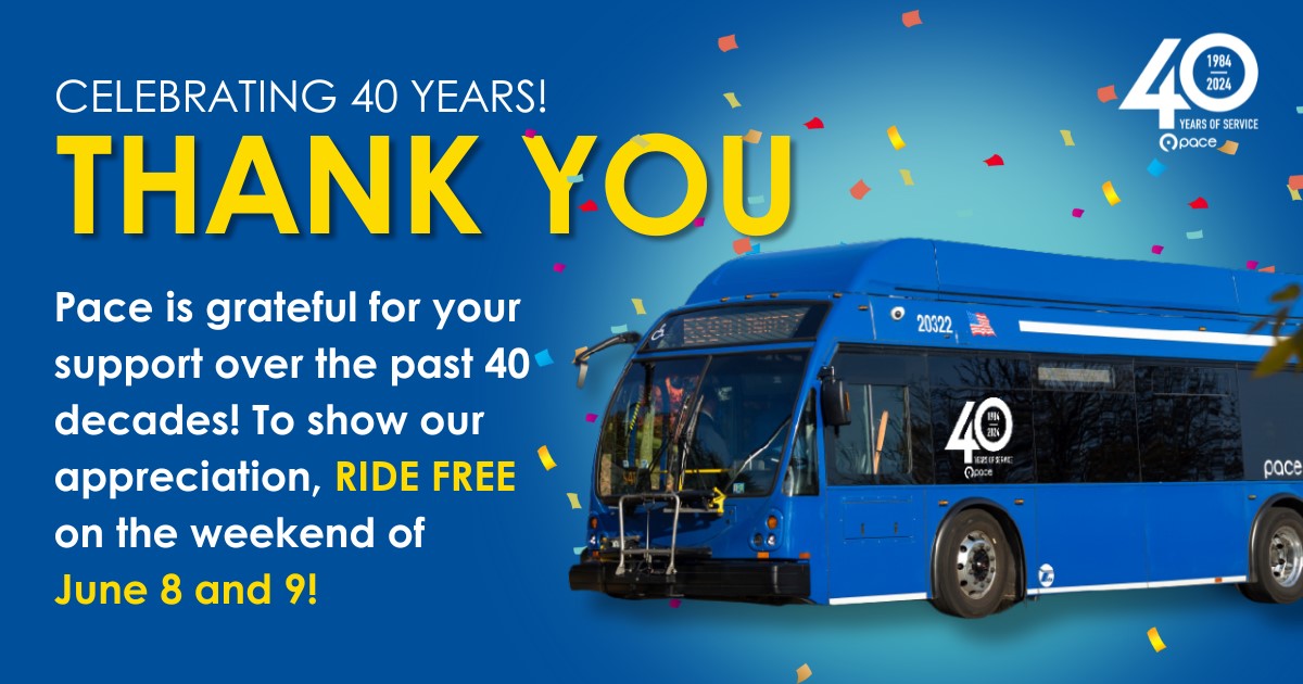 Pace is celebrating our 40th anniversary this summer. To thank our loyal riders for their support over the past four decades, Pace is providing free weekend service! This anniversary special happens Saturday, June 8, and Sunday, June 9. Learn more: bit.ly/452SDOs