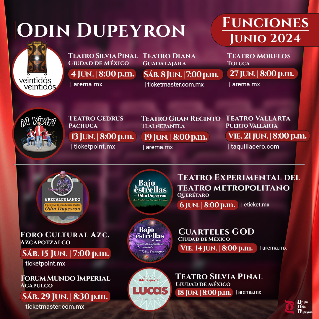 Grupo Odin Dupeyron (@gpoodindupeyron) on Twitter photo ¿Listos para disfrutar de las emocionantes actuaciones de <a href="/Odin_Dupeyron/">Odin Dupeyron</a> 🎭 en junio? Asegura tu asiento reservando tus boletos ahora mismo.👇🗓️ bit.ly/3LAHAne ¿En cuál nos vemos? 👀 ¿Listos para disfrutar de las emocionantes actuaciones de <a href="/Odin_Dupeyron/">Odin Dupeyron</a> 🎭 en junio? Asegura tu asiento reservando tus boletos ahora mismo.👇🗓️ bit.ly/3LAHAne ¿En cuál nos vemos? 👀