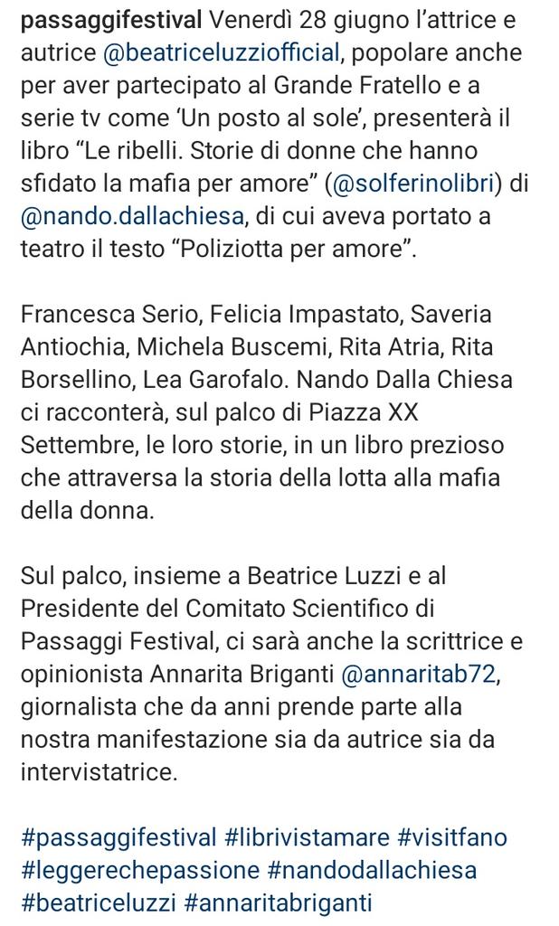 Il 28 giugno Beatrice sarà ospite di questo evento per presentare il libro 'Le ribelli'
❣️❣️❣️

Piazza XX settembre
H 22.30
Fano (Pesaro Urbino) 

#luzzers #beatriceluzzi