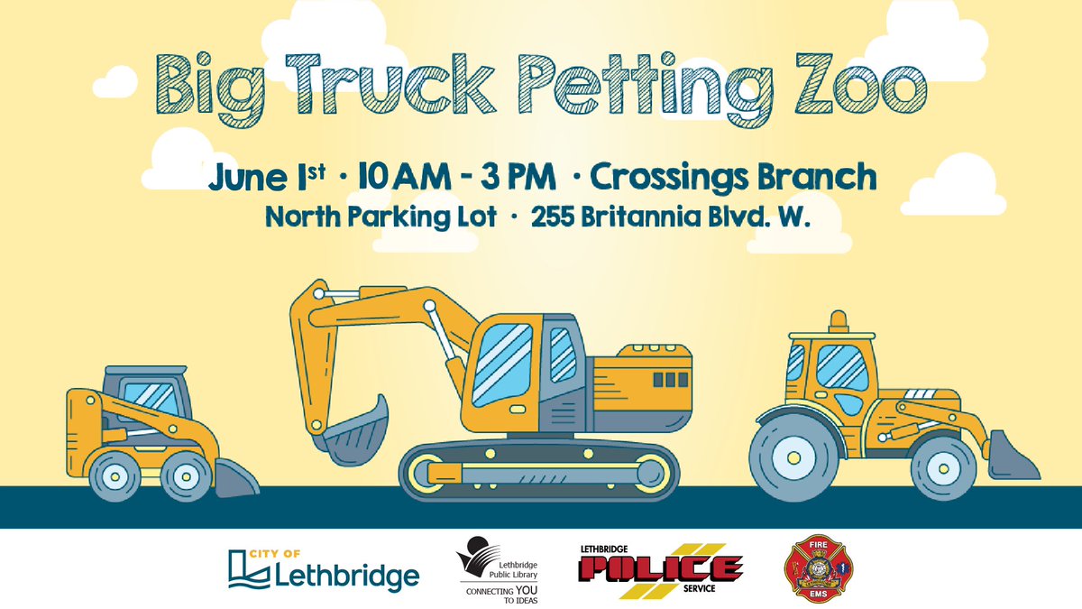 Two more sleeps until we bring out the big trucks to play 😁

We kick off at 10 a.m. at the Crossings Branch and can't wait to see everyone 👷‍♀️ 👷‍♂️

#yql
#PublicOperations
#BigTruckPettingZoo

@lethpolice 
@LethLib