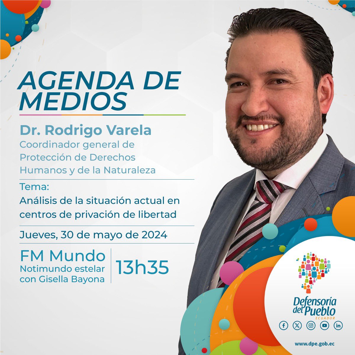 📻#DPEenMedios| Sintoniza la entrevista de Rodrigo Varela, coordinador de Protección de Derechos Humanos y de la Naturaleza de la #DefensoríaDelPueblo, en @notimundoec.

📌Tema: Análisis de la situación actual en centros de privación de libertad
🗓️30 de mayo de 2024
⏰13:35