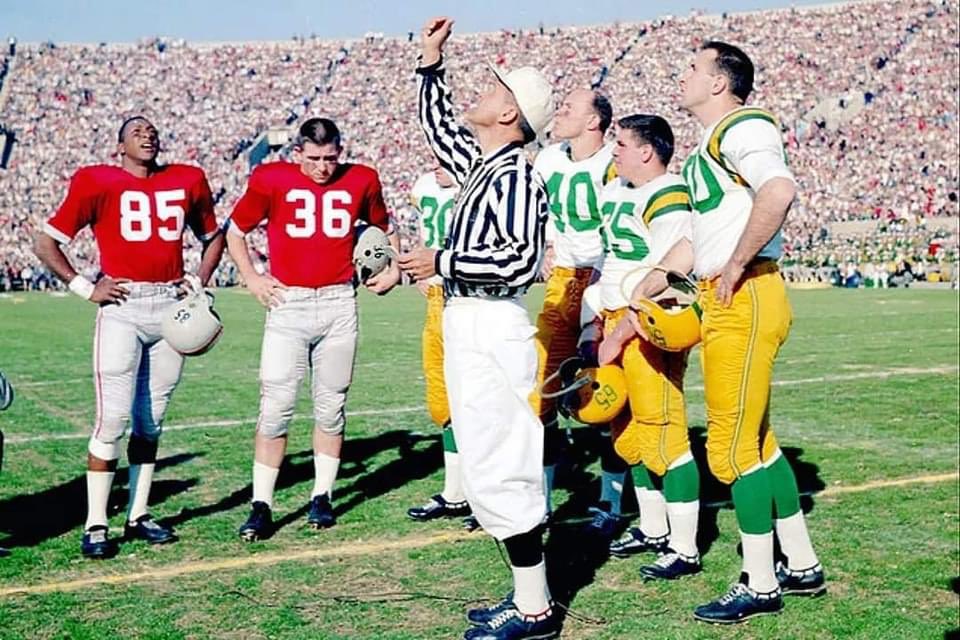 Coin flip prior to the 1958 Rose Bowl. Ohio State 10, Oregon 7. Buckeyes wrap up the 2nd of Woody Hayes’ 5 national titles.
