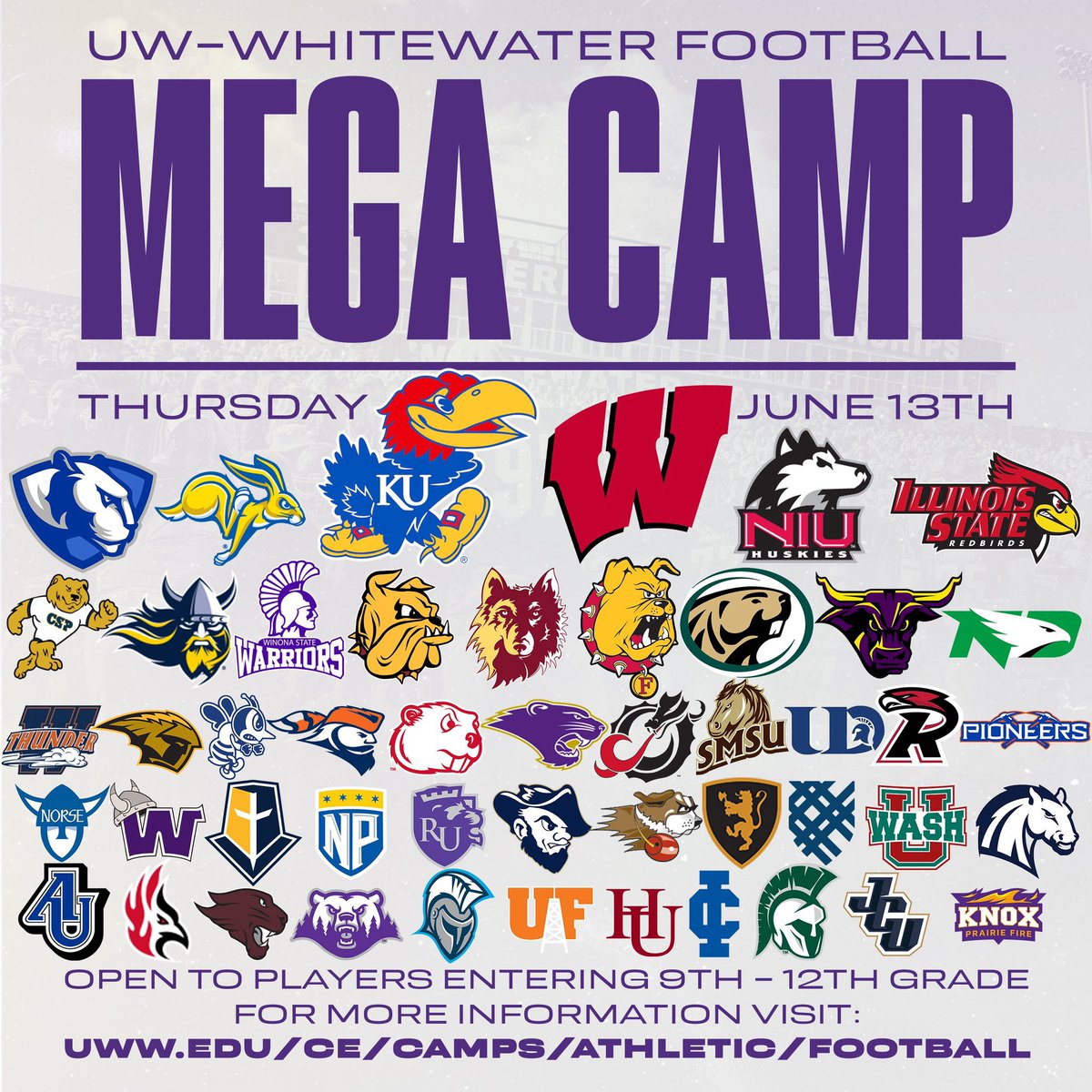 Our Mega Camp is just 2 weeks away! We’re closing in on 60 schools in attendance. Don’t miss your chance to compete in front of the best scholarship programs in the Midwest! The OL/DL will be padded! No more 1-on-1s in t-shirts! Sign-up today: uww.edu/ce/camps/athle…