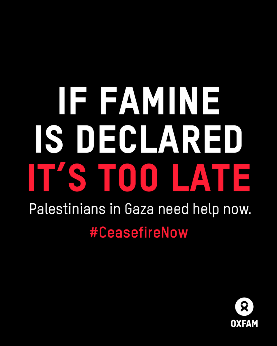Oxfam's tweet image. Palestinians are starving.

Humanitarian organizations have seen firsthand that when famine is declared too many lives have already been lost from hunger. Israel’s systematic denial of humanitarian aid is making an already dire situation into a deadly one. #CeasefireNOW