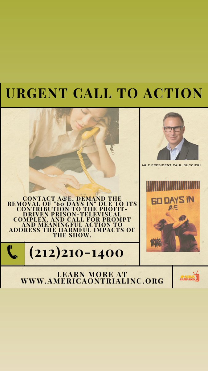 AirsCampaign's tweet photo. Today, there is a new season of "60 Days In" coming out. Take Action!

📞 Contact A&amp;E and demand the removal of ‘60 Days In.’

Join us in advocating for the abolishing of ‘60 Days In.’ 

#End60DaysIn #NetworkAccountability #AIRSCampaign 🚫👁️‍🗨 https://t.co/jzqoCGHIuZ