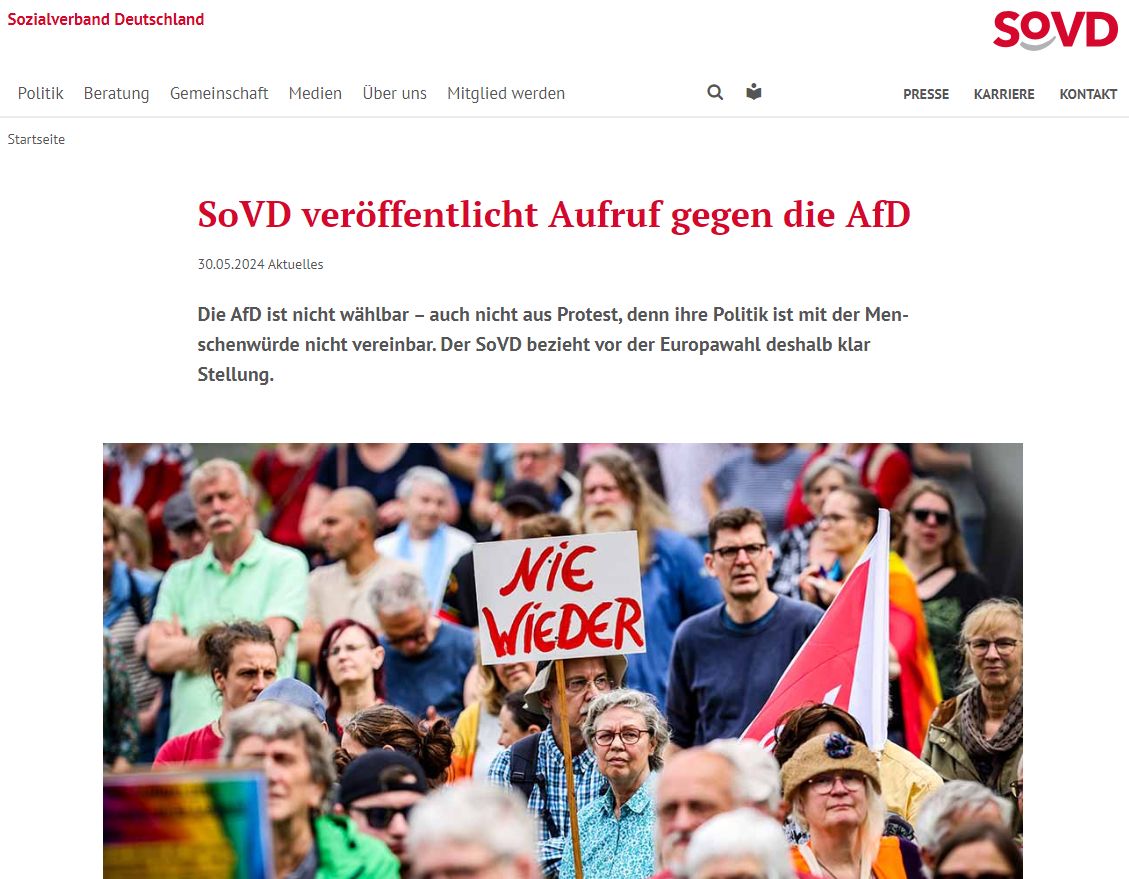 SoVD_Bund's tweet photo. ‼️  Aufruf:  »Die AfD ist nicht wählbar – auch nicht aus Protest«

Der SoVD setzt sich seit seiner Gründung vor 100 Jahren für solidarische, freiheitliche Rechte, gegen Diktatur und Rechtsextremismus ein. In der AfD werden rechtspopulistische, fremdenfeindliche und rechtsextreme Positionen vertreten und Rechtsextremisten geduldet. Dies ist mit den Werten des SoVD wie Toleranz und Solidarität unvereinbar. (...)

Wir rufen daher alle Menschen in unserem Land auf:

Bildet ein Bündnis für Deutschland, geht eine demokratische Partei wählen - aber wählt nicht die AfD!

👇 Zum vollständigen Aufruf:
https://t.co/MbnEu6GpHc
