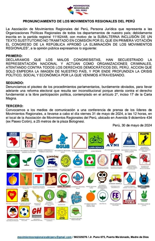 RuthLuqueIbarra's tweet photo. Pronunciamiento de los Movimientos Regionales, denuncian vulneración a su derecho a la participación política. Esto no viene de ahora recordemos que hace algunas semanas atrás ya se había aprobado cambios a la ley de organizaciones políticas subiendo la valla, ya con esa valla estaban generando su extinción. Lo que ayer ha sucedido es una secuencia de una decisión antidemocrática y que en nada mejora la democracia representativa que argumentan.