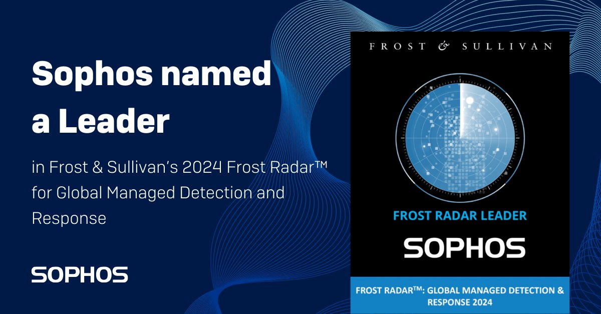 We are proud to announce that Sophos has been named a Leader by @Frost_Sullivan in their 2024 Frost Radar™ report for Global #MDR. Learn more about our commitment to delivering better cybersecurity outcomes to 20,000+ organizations worldwide and counting: bit.ly/3wZGPzZ