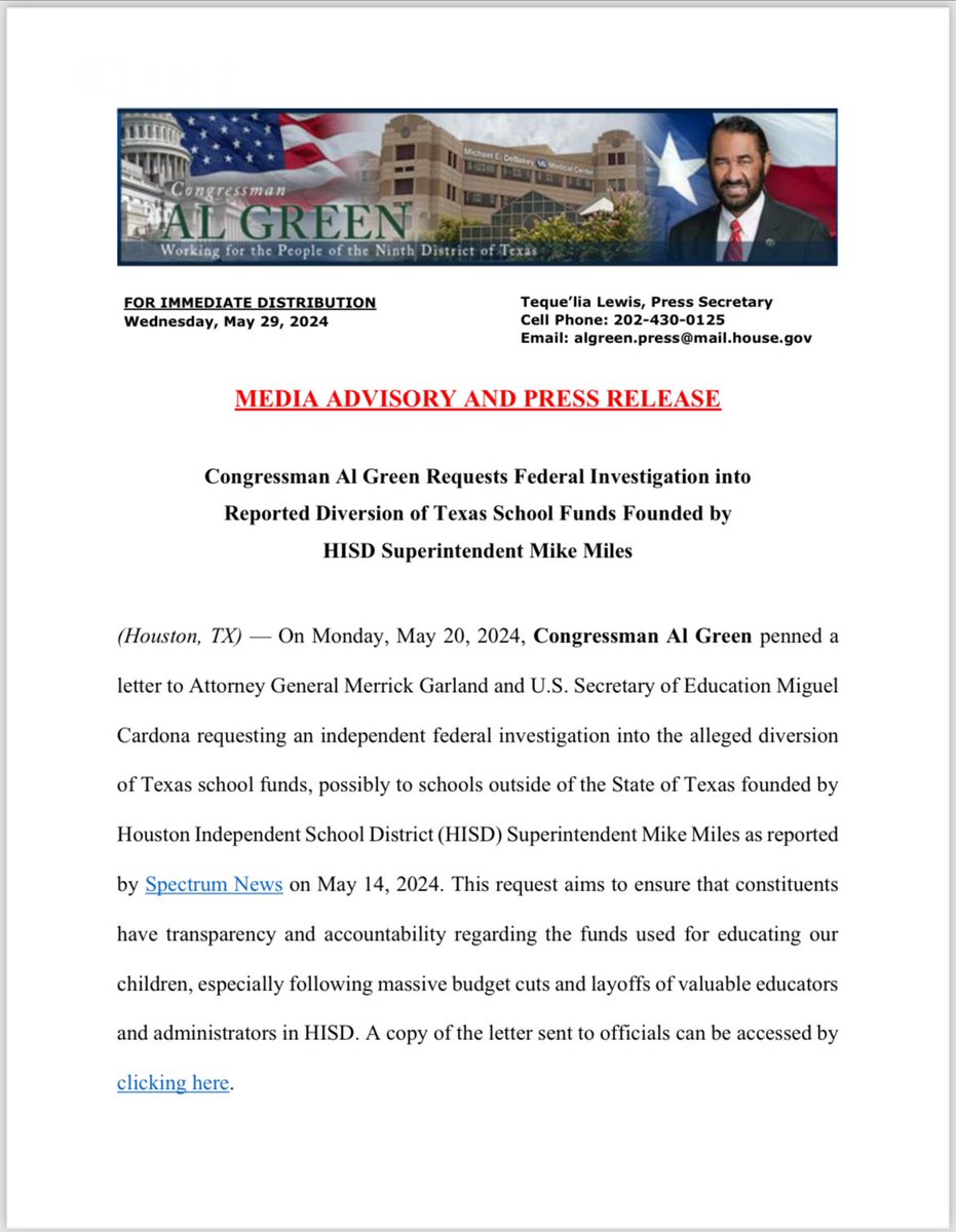 Congressman Al Green Requests Federal Investigation into Reported Diversion of Texas School Funds Founded by HISD Superintendent Mike Miles

A copy of the letter sent to officials can be accessed here: algreen.house.gov/sites/evo-subs…