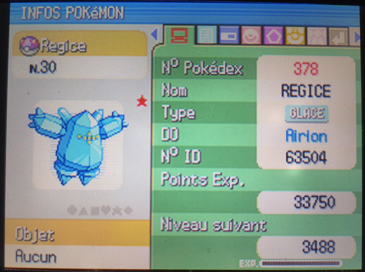 Regice shiny en 16 220 resets sur Platine!! Le premier des 4 golems, son shiny bleu est sublime sur cette version. J'ai malheureusement dû le Masterball par manque de temps.