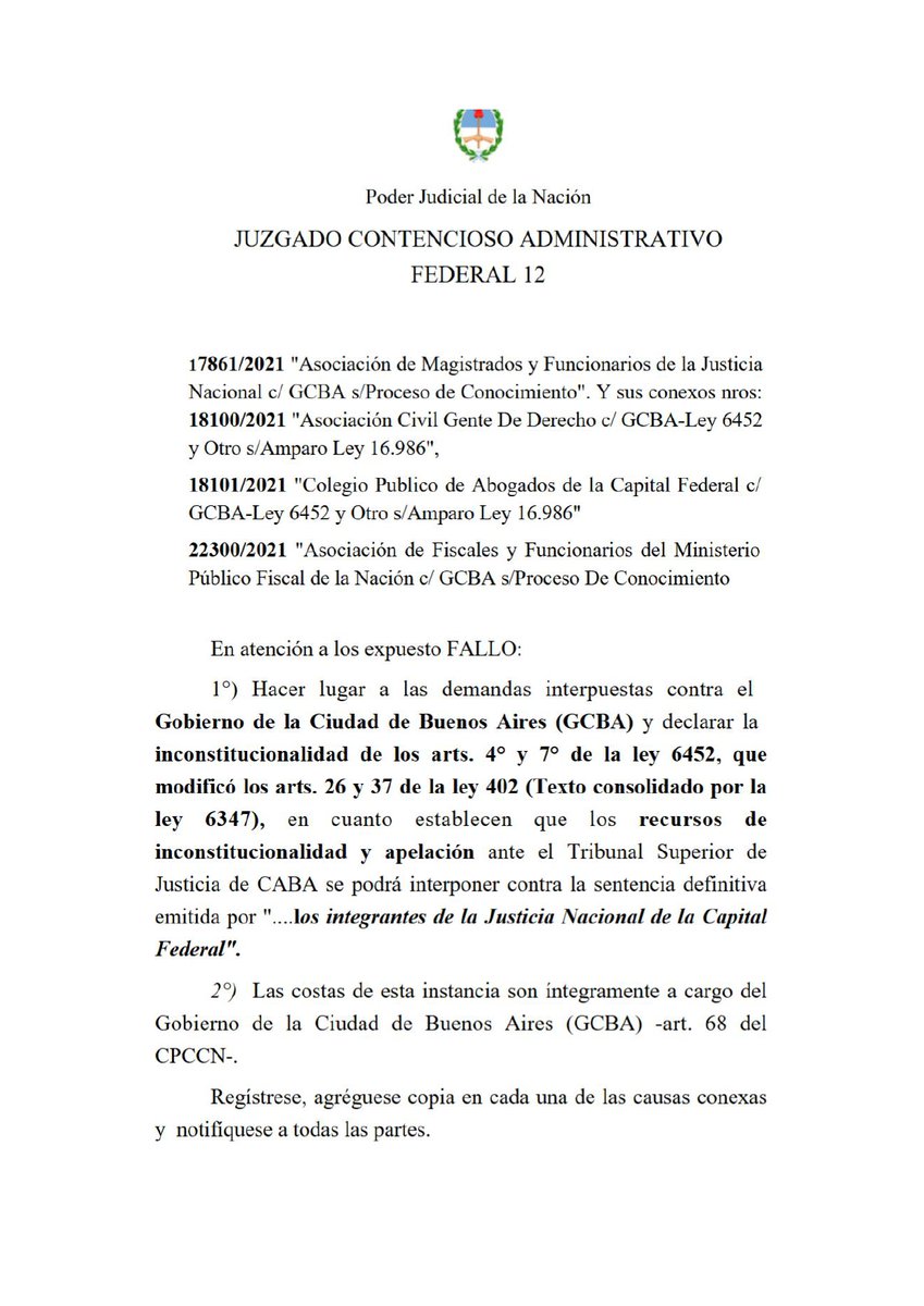 El Tribunal Superior de Justicia de CABA NO PUEDE INTERVENIR EN CAUSAS DE LA JUSTICIA NACIONAL.
Después de años, conseguimos la inconstitucionalidad en las causas "GENTE DE DERECHO, CPACF (iniciado x GdD), Asociación de MAGISTRADOS y FISCALES" contra art. 26 de la ley 402.
Salud!