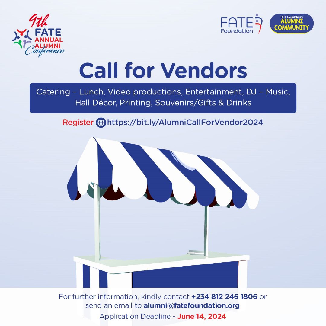FATEFoundation's tweet photo. CALL FOR VENDORS
Are you a FATE alumnus with a business perfect for events? Showcase your product/service at our 9th Annual Alumni Conference on Sept 26-27, 2024!
Apply now: https://t.co/IjlyWk1MW7
Deadline: June 15, 2024
#AlumniConference #FATEFoundation #Vendors https://t.co/AysuuMVN3o