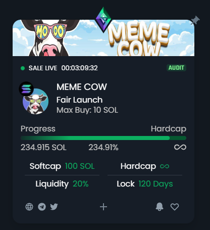 gempad_app's tweet photo. Last 3 hours of the @MemeCow_sol #FairLaunch ⚡️

You can check them out below 👇
https://t.co/ksXaGLbmKP

GemPad offers support and guidance to every project having a presale on our launchpad 👉 choose the best, choose #GEMPAD ✅🚀 https://t.co/WuCNKWA3Z9