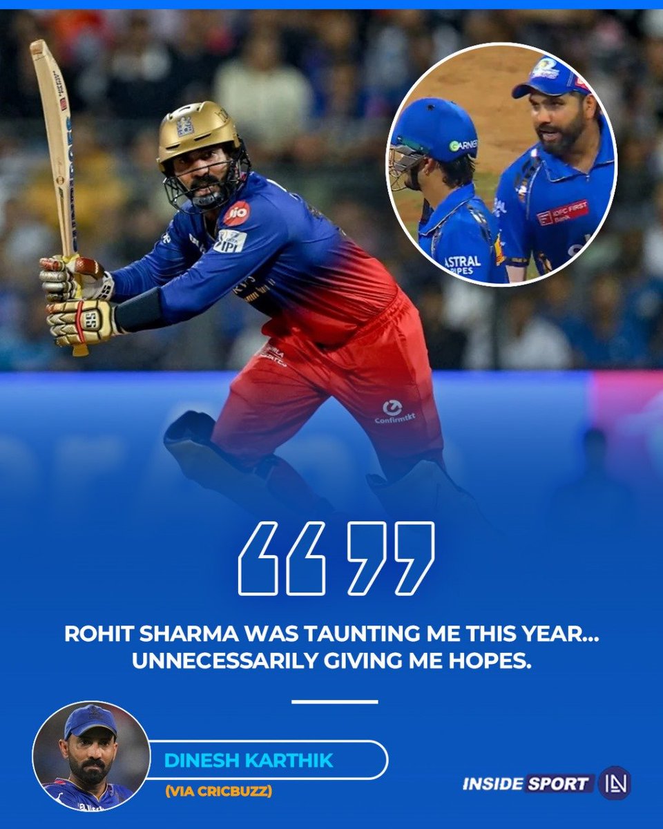 DK recalls how Rohit Sharma teased him during the IPL 2024 saying 'abhi World Cup khelna hai' (There’s a World Cup still to play). #IPL2024 #DineshKarthik #RohitSharma #CricketTwitter