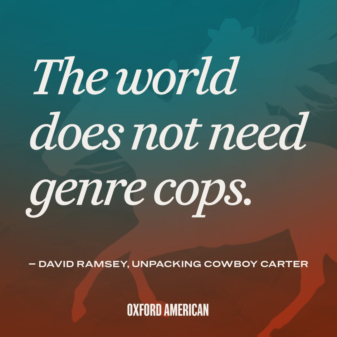 oxfordamerican's tweet image. Read “Unpacking @COWBOYCARTER” and explore the highlights (and lowlights) of @Beyonce’s latest album according to a few OA folks, including contributing editor @ArkDavey #ReadOA

Find it online at: oxfordamerican.org/web-only/a-cow…