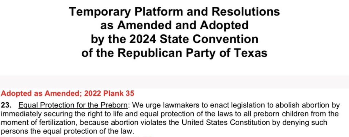 Wow. The Texas Republican Party’s official 2024 platform has endorsed defining abortion as homicide—punishable by the death penalty.

They call for “equal protection of the law” from the moment of fertilization.