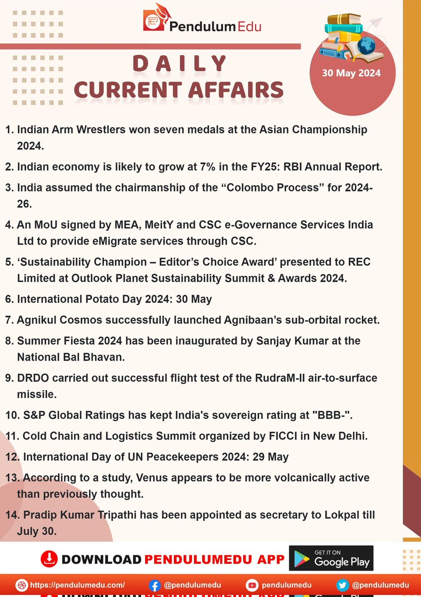 🌹Current Affairs🌹

Here 👇👇 is the important Current Affairs of 30th May, 2024. 

#UPSC #TSPSC #APPSC #KPSC
 #RPSC #GPSC #NPSC #TNPSC
     #CurrentAffairs #May #GS
 (Data courtesy: #PendulumEdu)