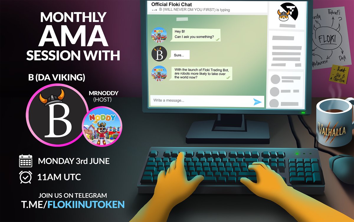 We invite you to another monthly AMA with our Core advisor, <a href="/100bviking/">B (Da Viking)</a>, to discuss all things #Floki / #TokenFi!

🗓: Monday, June 3, 11AM UTC
📌: t.me/FlokiInuToken

Please leave your questions in the comments. Each selected question wins $100 USDT on the BSC. 👇