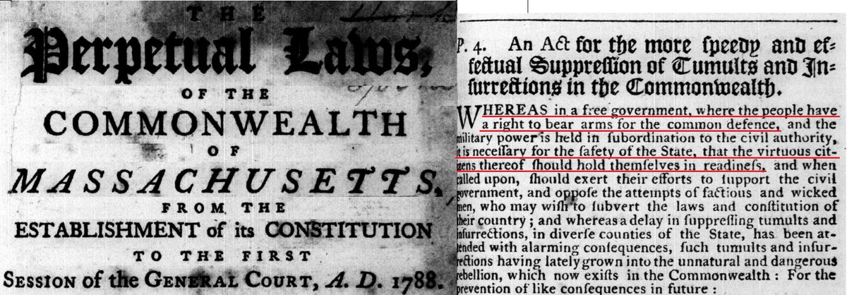 Today's history tidbit is from two years before Second Amendment was drafted.

And 4 yrs after slavery had essentially been abolished in Massachusetts.

'SUPPRESSION OF TUMULTS'

'Whereas in a free government, where the people have a right to bear arms for the common defense..'