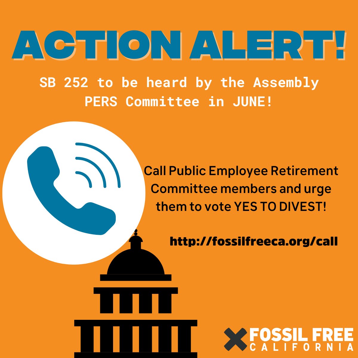 The State Assembly Public Employment and Retirement Committee will hear SB252 in June! Make a call now to the PERS committee, urging their support for divestment of fossil fuels through SB252 TODAY. fossilfreeca.org/call-retiremen…