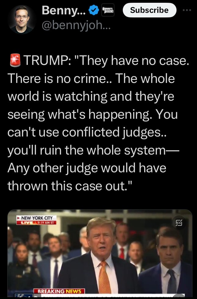 Trump is right. These tyrannical judges & DA's are setting dangerous precedents with malicious prosecutions & lack of judicial merit. #Lawfare If Trump is found guilty by Judge Merchan, it will be a gross miscarriage of justice. They created a 'crime' to trap & incarcerate a