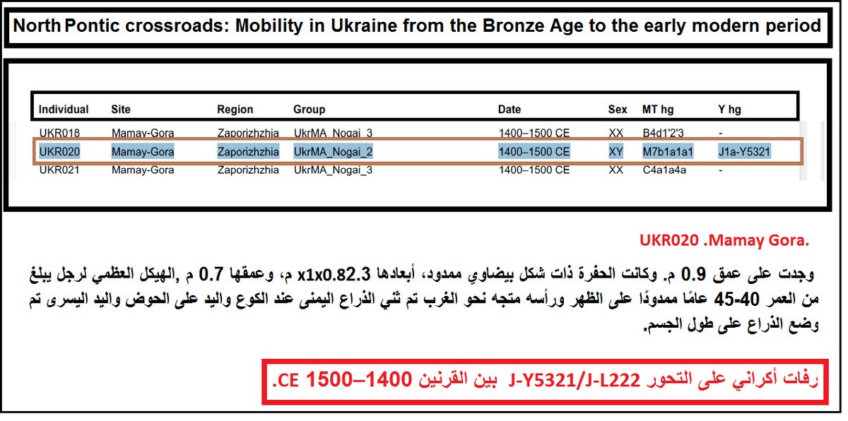 StudiesHuman's tweet image. رفات من #اكرانيا (UKR020) بعمر600 عام تحت J-Y5321/L222 ومن خلال نتيجة mtDNA الخاص بها M7b1a1a1 يبدو انها من عرق المغول او #التتار الوافد من آسيا الوسطى, الجدير بالذكر ان هناك نتيجة من نبلاء تتار القرم باكرانيا تحت نفس الفرع J-Y5321 و نتائج قوقازية وكرغلية واذربيجانية وايرانية.