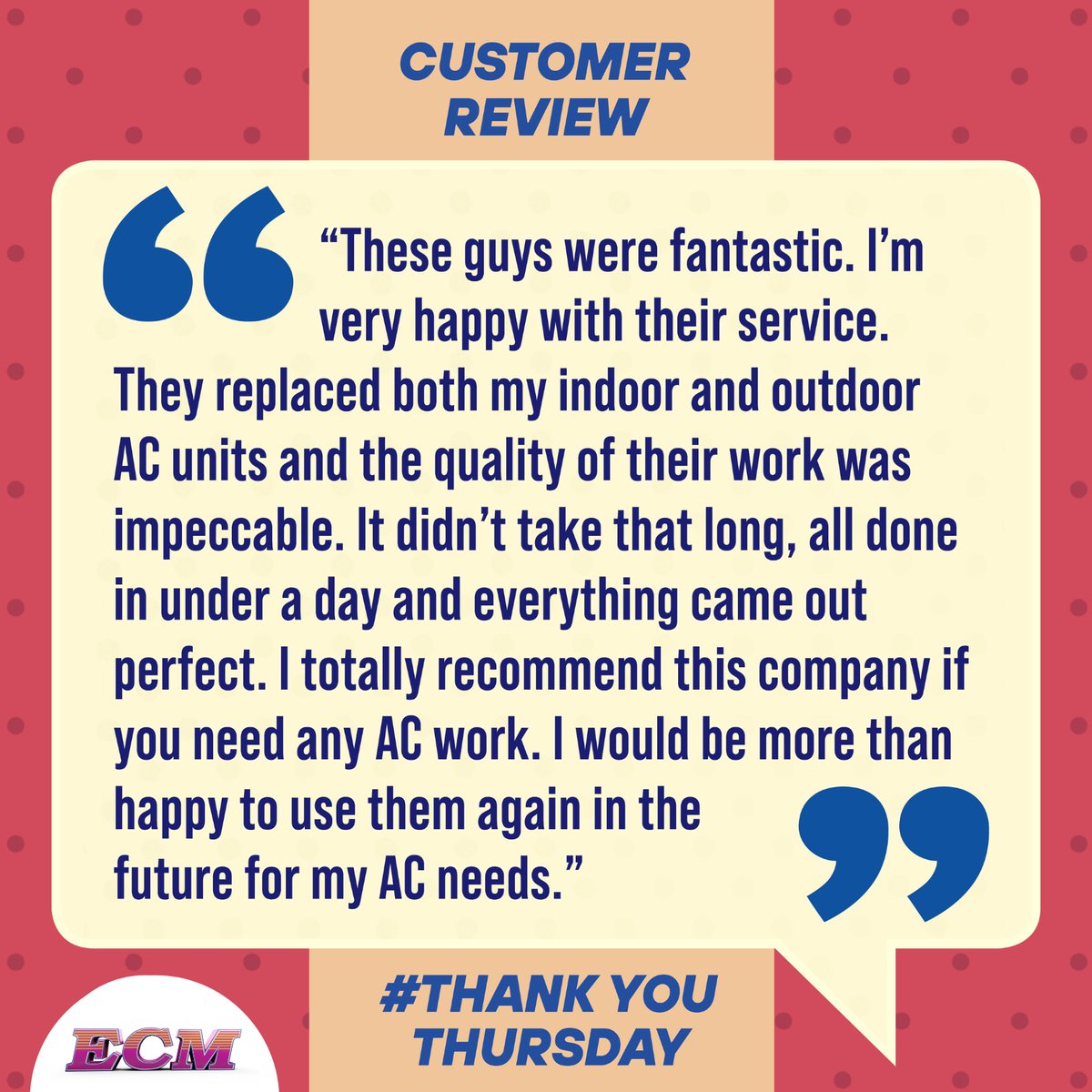 'These guys were fantastic... I would be more than happy to use them again in the future for my AC needs.'

Thank you for choosing ECM! #ThankYouThursday

maps.app.goo.gl/WunM3Nthe9FczP…

#AirConditioning #ECMCares #CoolingSouthFlorida #EastCoastMechanical #HVAC #ACService #OneStopShop