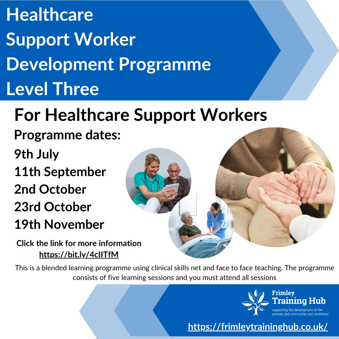 For Healthcare Support Workers with at least 12 to 18 months clinical experience. The sessions will include mental health, learning disability, wound care, dementia & more! For more info & to book, use the link or visit our website

bit.ly/4cIITfM

#LearningNeverEnds