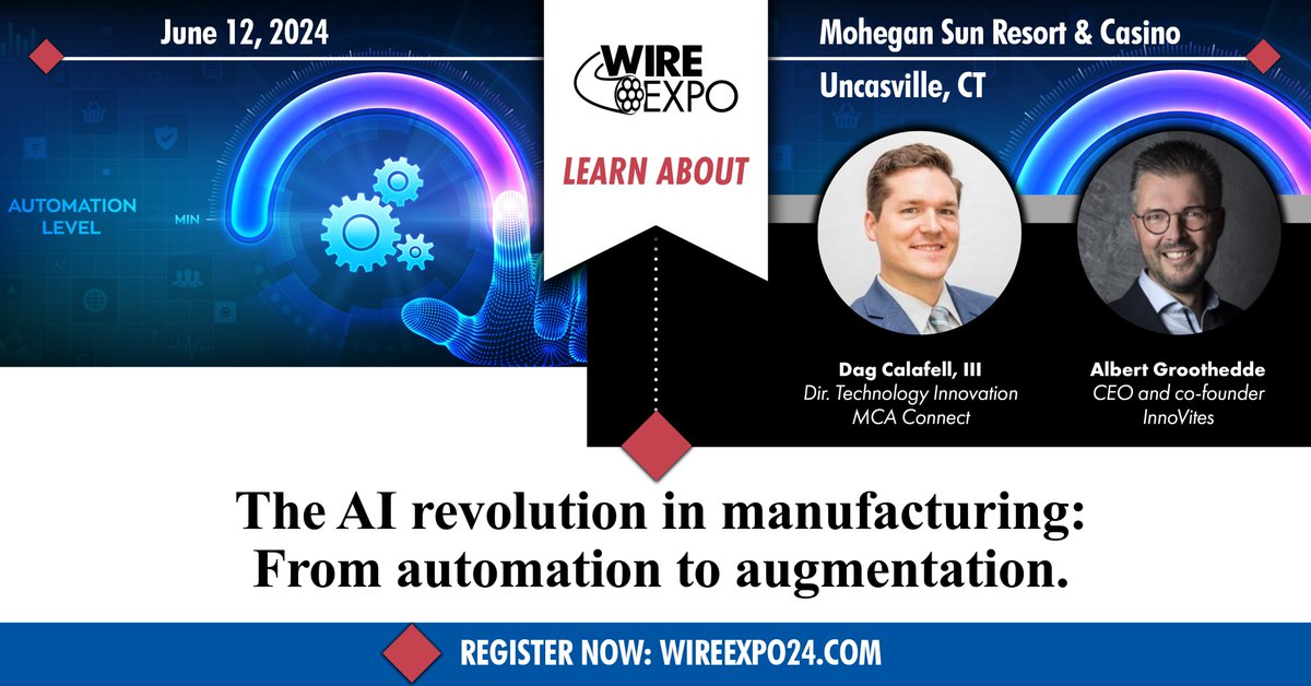 AI and automation capabilities are revolutionizing production processes, optimizing supply chains &amp; ensuring quality control. Join Dag Calafell, III, and Albert Groothedde at Wire Expo to see successful ways to use AI for sustainable growth.  Register now: wireexpo24.com/general-info/r…