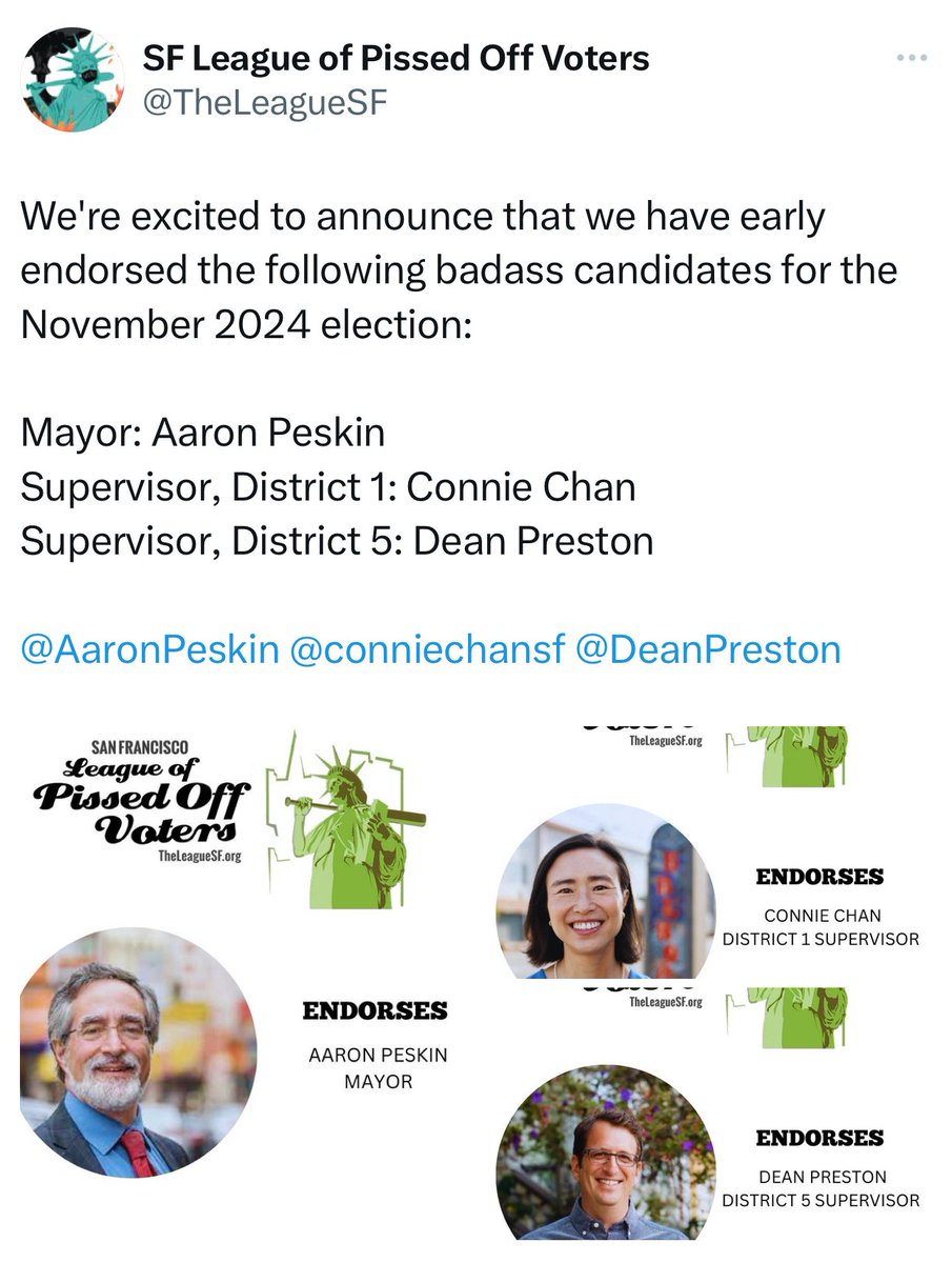 New anti-guide just dropped These people and everyone this guide recommends is directly responsible for the doom loop of SF. If we make sure they never hold office SF will heal fast. Vote these people out and caution your friends “pissed off” is code for “ruin SF”