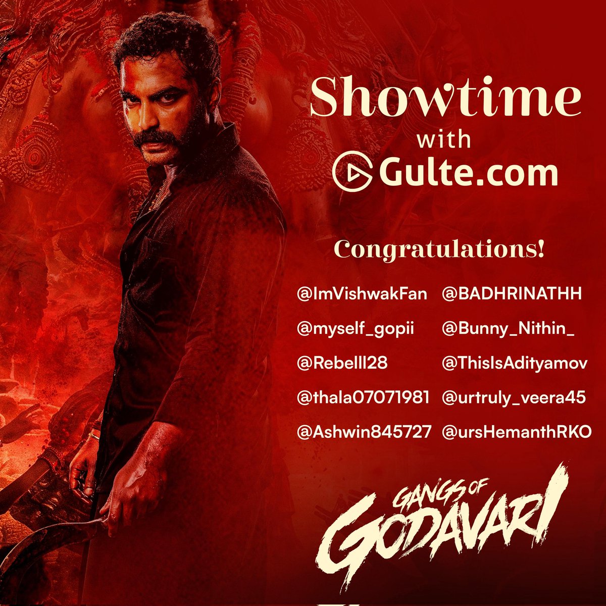 Congratulations to all the winners; please check your DM. Many more exciting giveaways are ahead. Until then, keep following GULTE - your source for rapid, precise, and exclusive updates. #ShowtimeWithGULTE #GangsOfGodavari