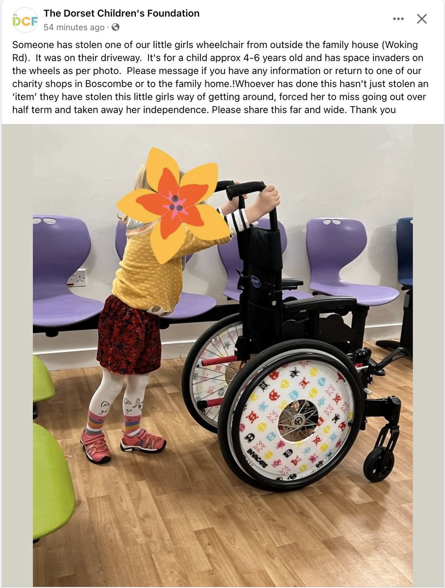 Someone has stolen one of our children’s’ wheelchairs from outside their house on Woking Road. Please help us get it back - it’s not just a wheelchair, it’s her independence
