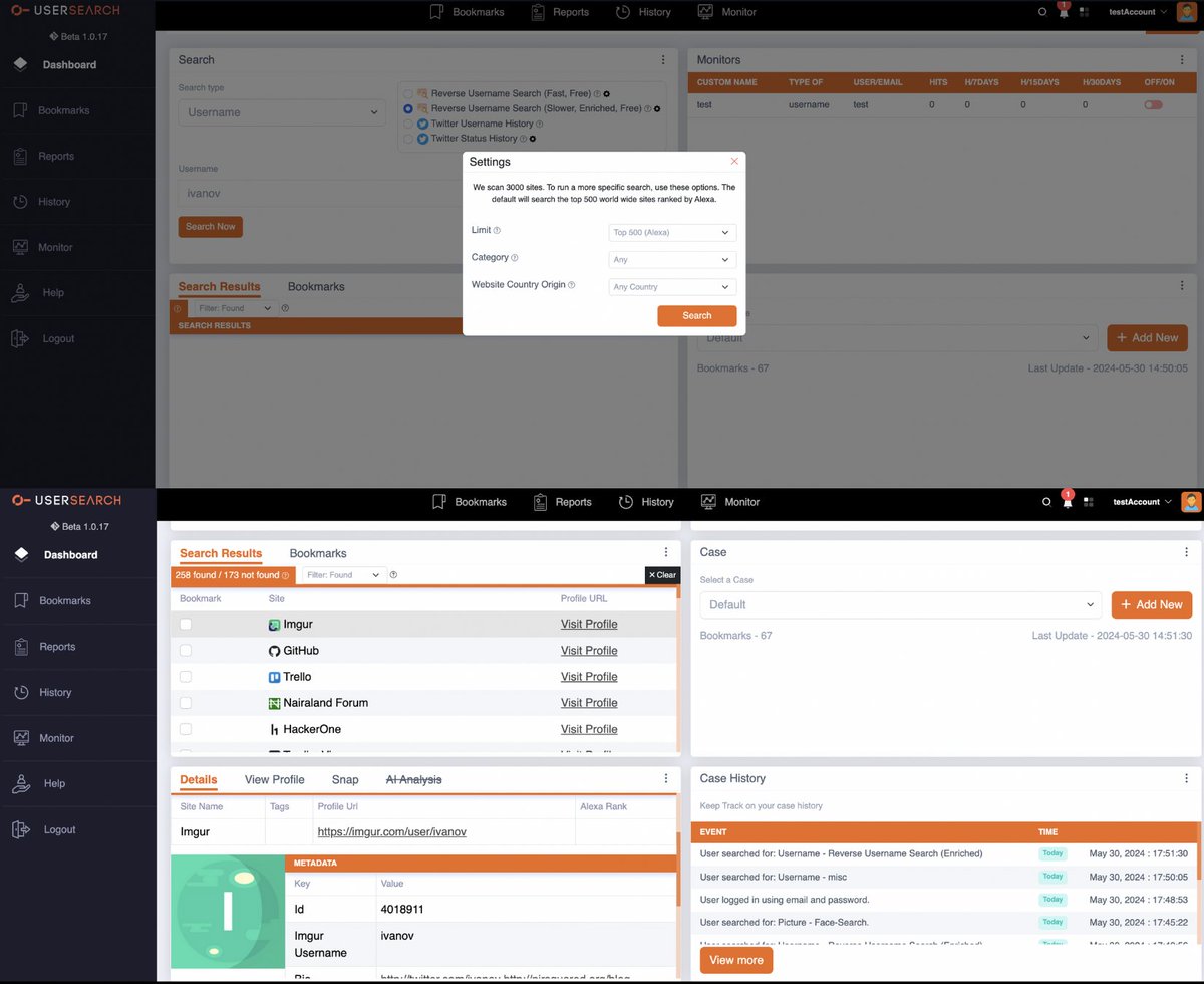 cyb_detective's tweet photo. I continue to advise https://t.co/kSddRN6dtw on new features. They now have a module to search 3000+ sites by nickname (search  a specific country or strictly for dating sites (or other categories). 

Also not to be missed is a module to view the history of a Twitter username. https://t.co/3VOPyK4NLA