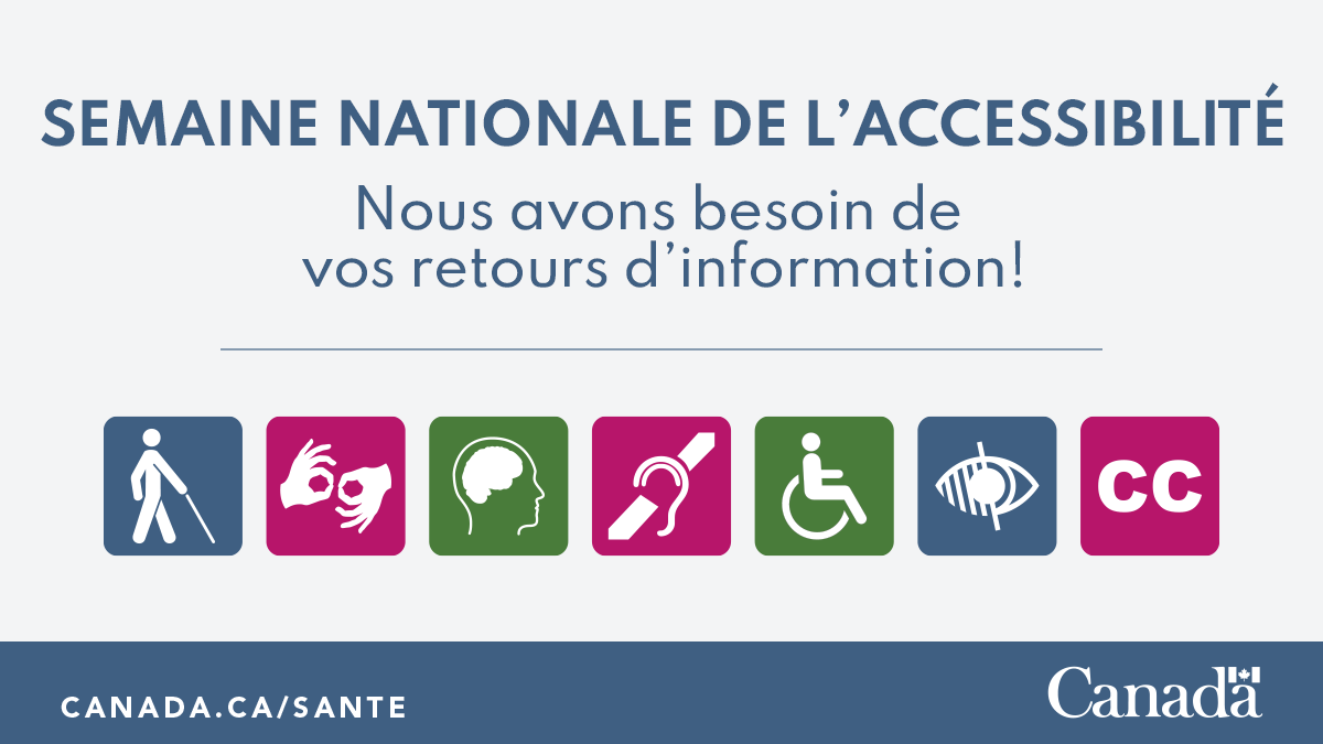 L’Agence de la santé publique du Canada tient à ce que ses programmes et services soient accessibles et conformes aux besoins des personnes en situation de handicap. Faites-nous part de vos retours d’information! ow.ly/sXQL50RTY9m #SemaineNationaleDeLAccessibilité