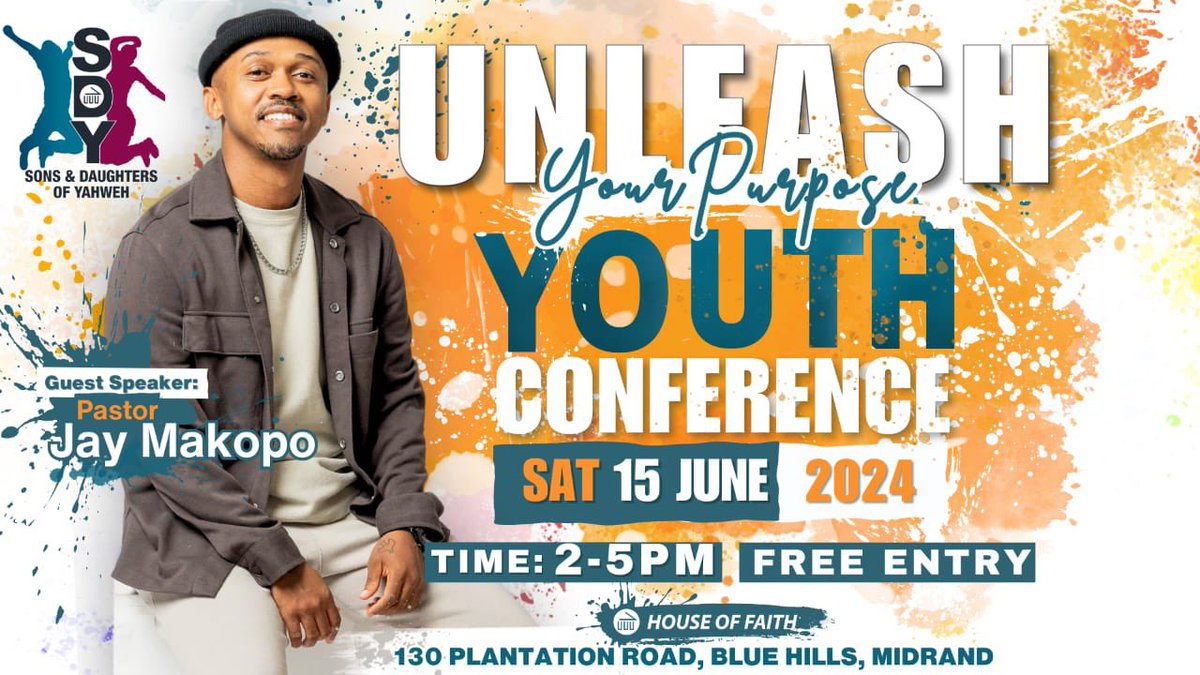 Tshepang_Martyr's tweet photo. Please extend this invite to young people in and around Midrand! Can’t wait to see what Jesus has in store for us 🔥🙌🙌! 
#YouthConference #HouseOfFaith #Jesus #LivingInPurpose https://t.co/qlX3dYlMIe