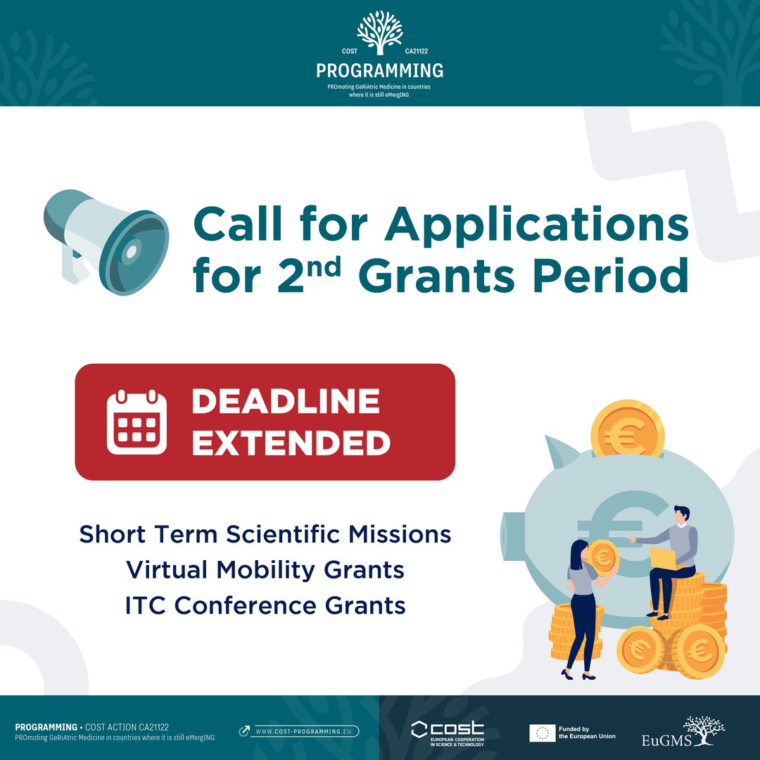 📣 The DEADLINE to submit applications for the PROGRAMMING #COSTAction 21122 Short Term Scientific Missions (STSM) Grants, Virtual Mobility Grants, and Inclusiveness Target Country (ITC) Conference Grants has been EXTENDED❗ ➡️ tinyurl.com/3ajfe76e #EuGMS
