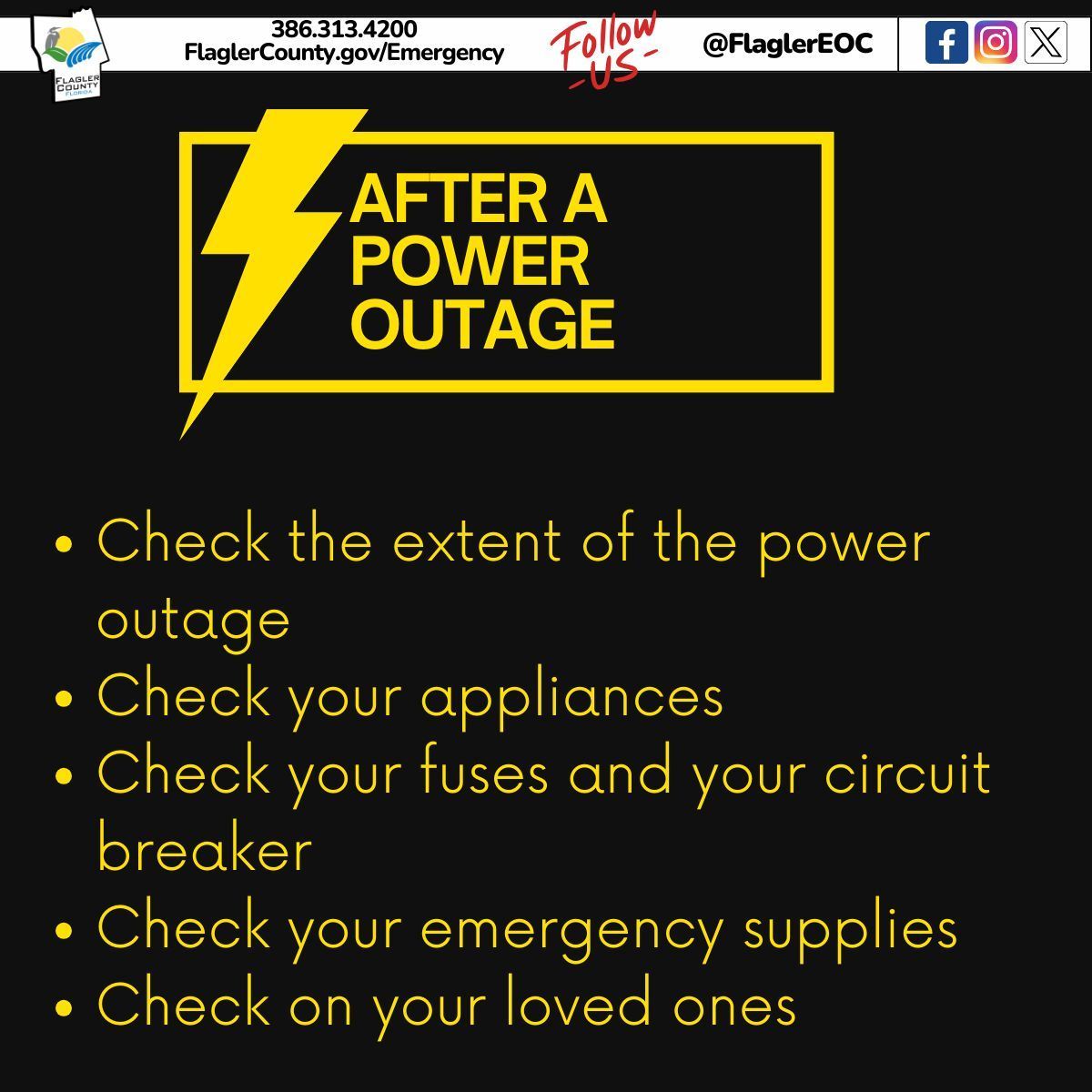 Did everyone lose power or just you? 
Make sure you check your circuit breakers along with all your appliances, the last thing you want it to start a fire because something burned or tripped. 

#Flaglereoc #Flaglercounty #beready