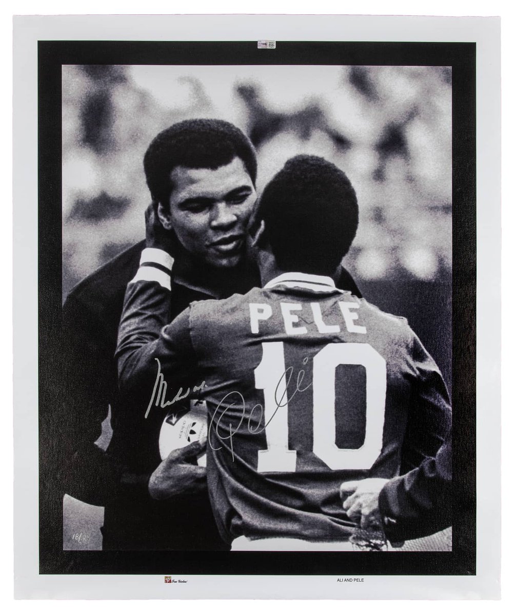 Two of the most iconic athletes in the history of sports 🔥 This Pele, Muhammad Ali Dual-Signed Canvas (#18/25) - 36 x 28 - Beckett LOA is available now in our May Elite Auction. Bid now: bit.ly/3QXC54G