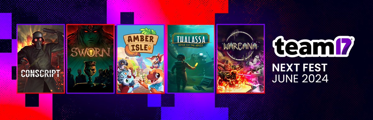 We have five fantastic demos to experience in Steam Next Fest, which begins on 10th June! 💜

💥 CONSCRIPT
⚔️ SWORN
🦕 Amber Isle
🚢 Thalassa: Edge of the Abyss
🛡️ WARCANA

Discover more about the games in our #SteamNextFest thread 🧵 (1/6)