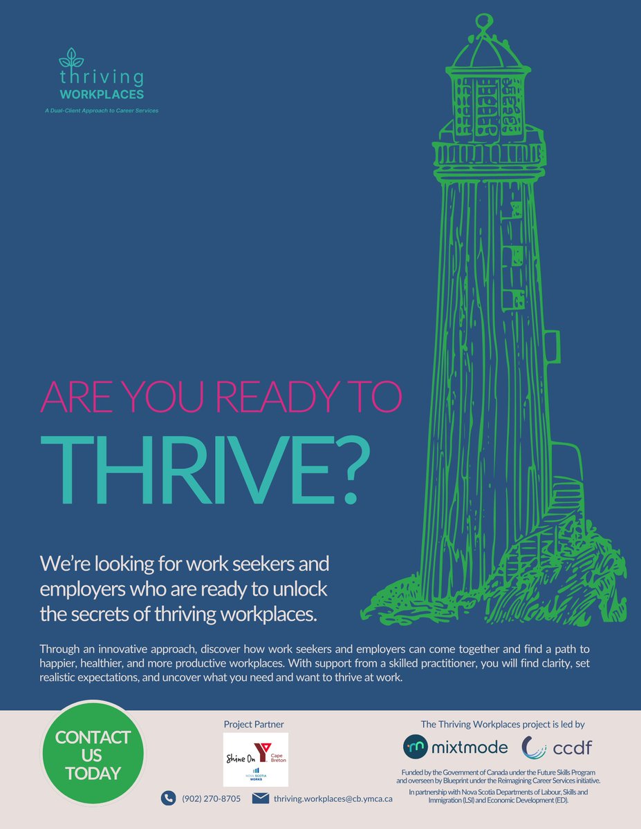 YMCANSWCB's tweet photo. Are you a Job Seeker looking for work or a Employer looking for a Job Seeker?  The YMCA of Cape Breton - Nova Scotia Works is thrilled to have joined this great project research.  If you have any questions and would like to participate, please reach out to us! #thrivingworkplaces https://t.co/hNIx1nZBcK