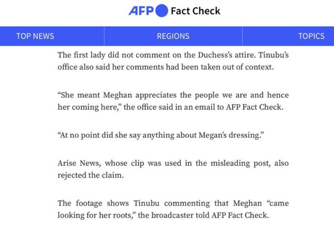 The Office of the Nigerian First Lady, Oluremi Tinubu, clarified the situation in an email to AFP. Her office stated she did NOT criticize #DuchessMeghan. “She meant Meghan appreciates our people and hence her visit here.” This is yet another failed attempt by the British