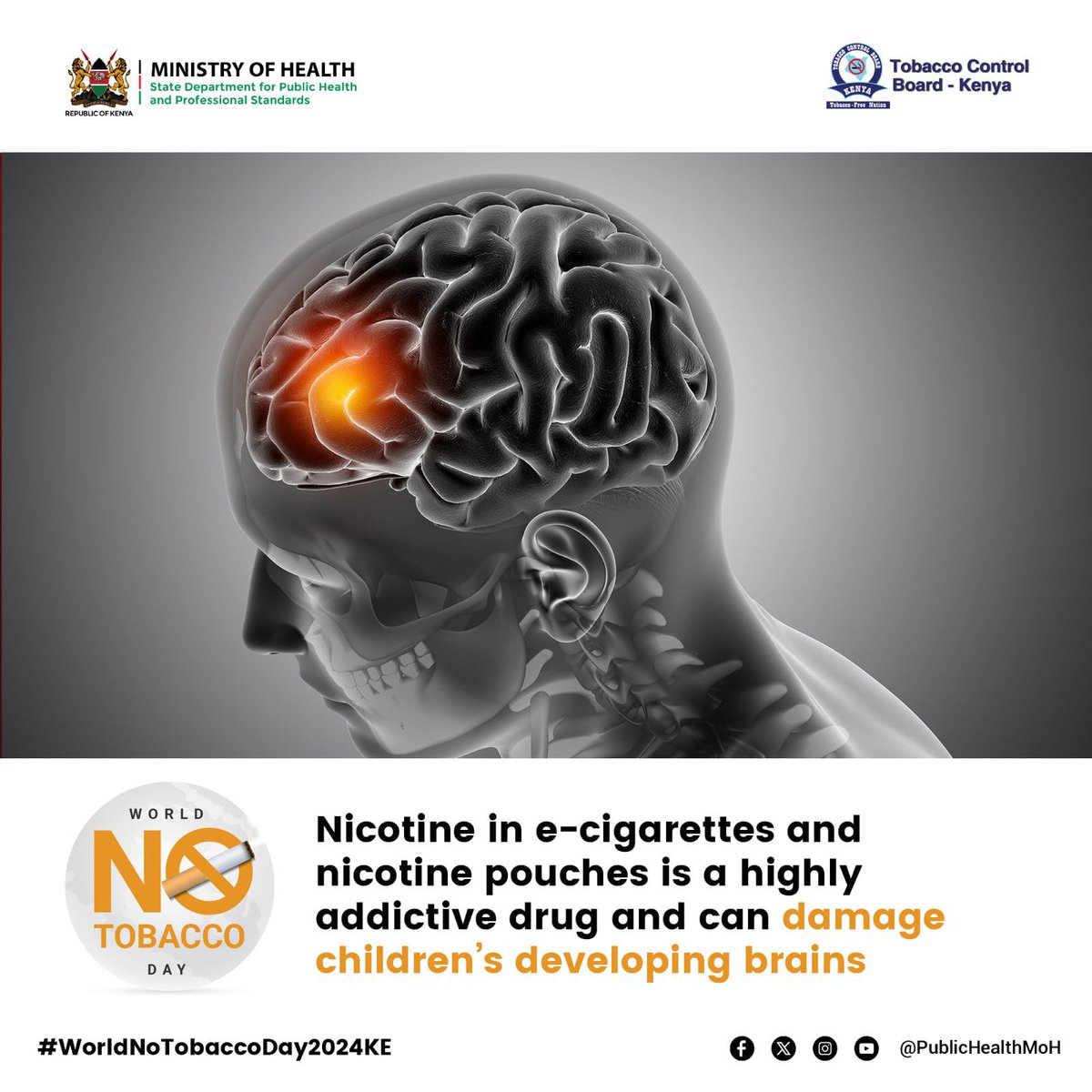 Myth: E-cigarettes and nicotine pouches are safer than cigarettes.

Reality: They are not safe. Both deliver nicotine, a toxic substance, along with other harmful chemicals that pose serious health risks.
#WorldNoTobaccoDay2024KE