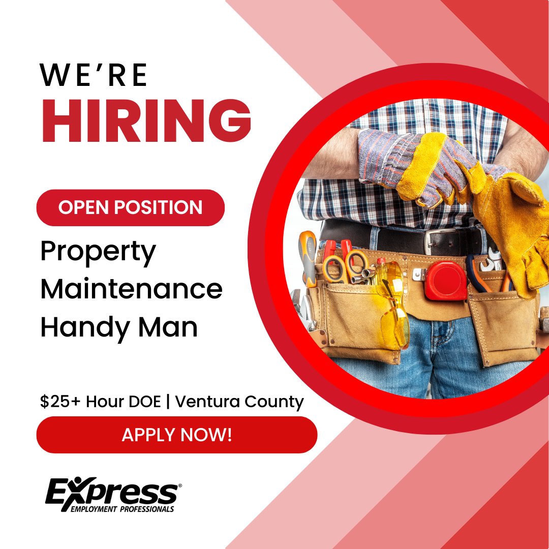 Apply Now! Property Maintenance/Handy Man 🛠️ $25+ Hour DOE in Ventura County! Contact us NOW! 📞 💻 ✉️ #expresspros #wearehiring #HandyMan